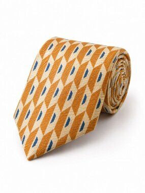 Mondo Uomo Italy 100% Silk Tie Yellow Gold Blue Geometric Designer Necktie